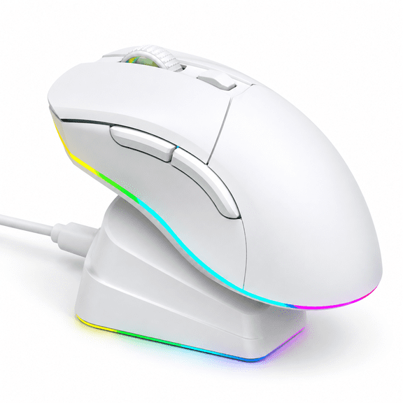 White Wireless Gaming Mouse with Charging Dock, RGB Rechargeable for PC, PS4, PS5