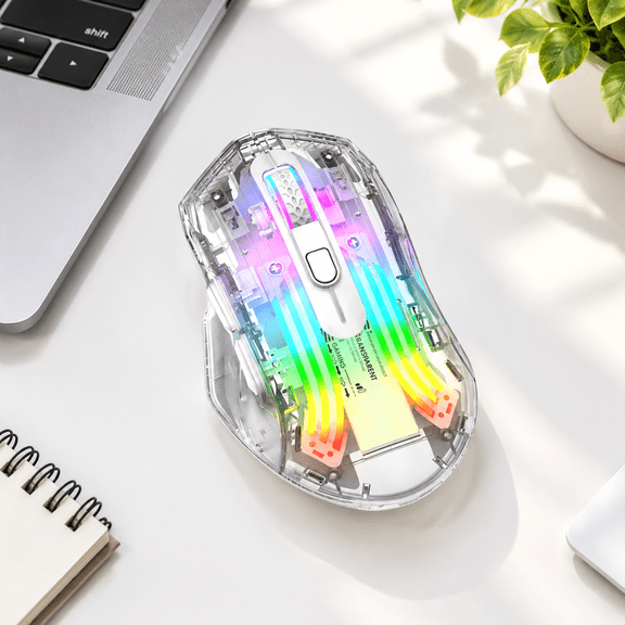 White Wireless Gaming Mouse with Transparent Crystal Shell, Tri-Mode Connectivity