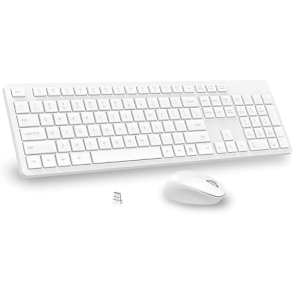 White Wireless Keyboard and Mouse Combo, Full-Sized Ergonomic Computer Keyboard, 2.4GHz USB Cordless Keyboard Silent Mouse Set, 12 FN Shortcuts for Windows MacOS Laptop Computer