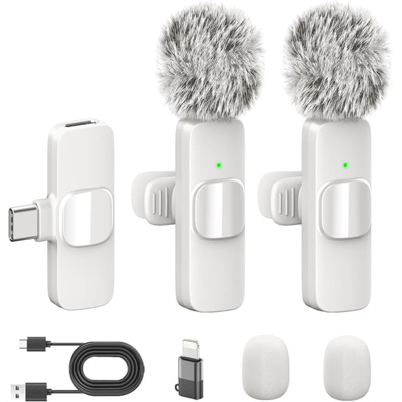 White Wireless Lavalier Microphone for iPhone & Android - Mini Clip-On Mic with Noise Cancellation 2 Pack Lapel Mic Plug and Play Wireless Mic for Video Recording Interview Podcast Vlog YouTube