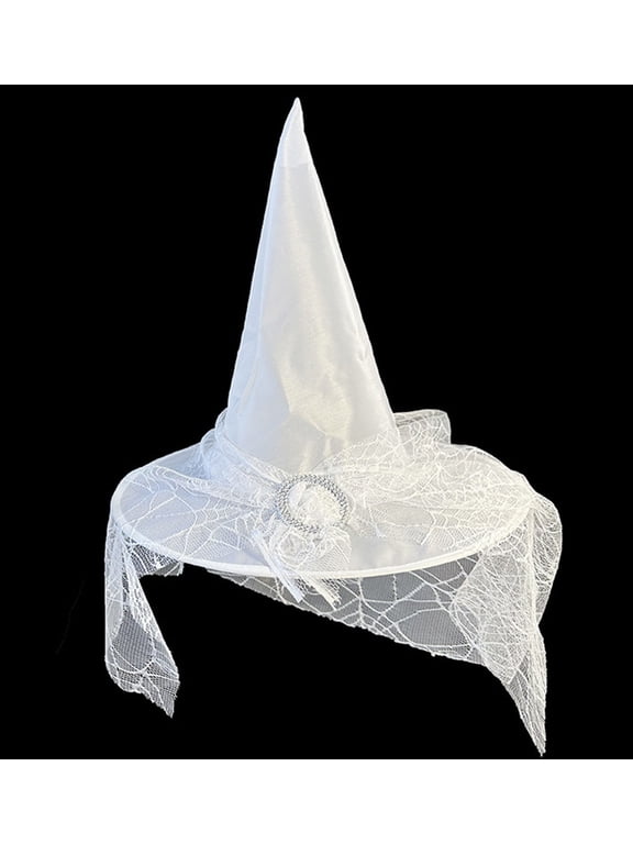 White Witch Hat with Spiderweb Lace Veil, Adult Halloween Costume Headpiece, Gothic Pointed Wizard Cap for Women Men Cosplay Party Prop