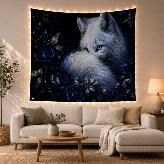 White Wolf Amidst Dark Roses with Glowing Embers, Mystical Fantasy for Nature Lovers, Wildlife Art Decor, Halloween Gift, Tapestry Wall Hanging for Bedroom and Living Room