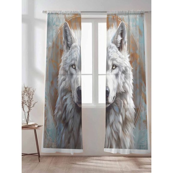 White Wolf Animal Pattern Cool Wildlife Blue Gradient Sheer Curtains 2 Panels Set Retro Floral Lihgt Filtering Rod Pocket Voile Drape,Semi Sheer Window Curtains for Bedroom Living Room,52"x84"