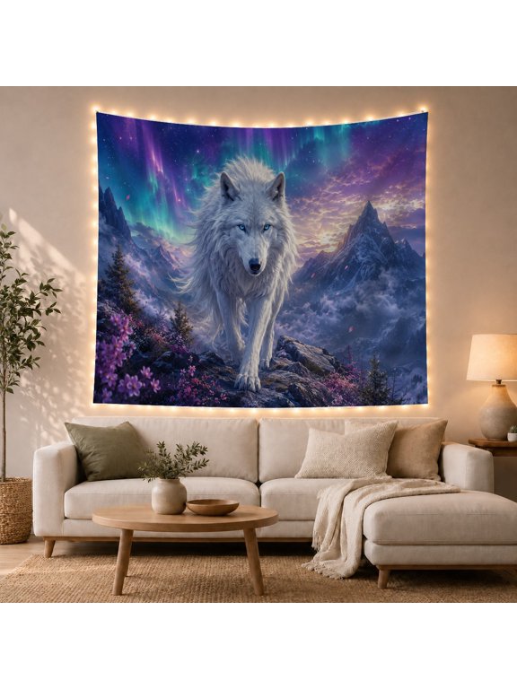 White Wolf Under Aurora Borealis Mountains, Mystical Fantasy Art for Nature Lovers, Wildlife Wall Art Housewarming Gift Tapestry Wall Hanging for Bedroom, Living Room
