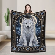 White Wolf Blanket Celestial Moon Mountain Mystical Forest Wildlife Lover Gift Home Decor 50x40 in