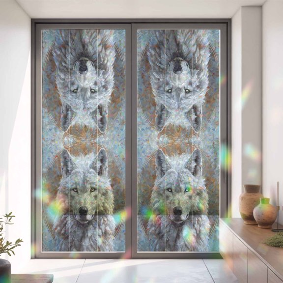 White Wolf Cool Wildlife Blue Gradient Window Privacy Film,Decorative Windows Static Cling Retro Floral Heat Control Removable Glass Sticker for Home Bathroom Bedroom Window Door,35x79in