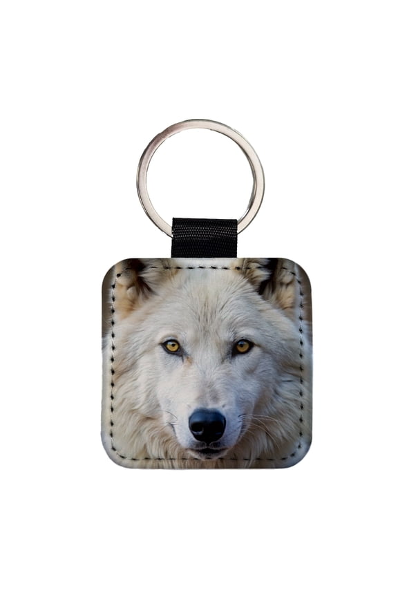 White Wolf Faux Leather Square Keychain