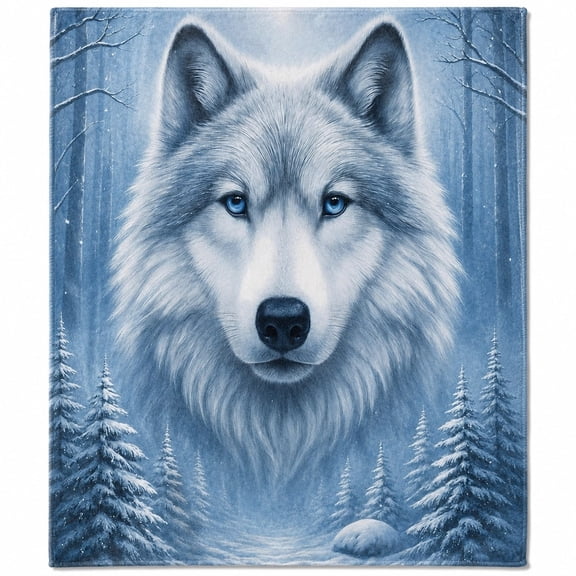 White Wolf Winter Forest Print Fleece Throw Blanket, Soft 280 GSM Polyester, Animal Lover Decor