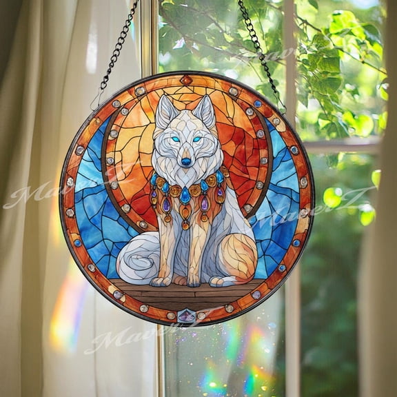 White Wolf Glass Suncatcher, Mystical Window Decor, Fantasy, 7.9 in