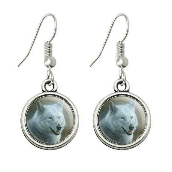 White Wolf Growling Novelty Dangling Drop Charm Earrings