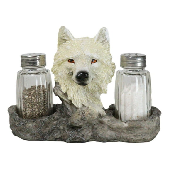 White Wolf Head By Woodlands Forest Glass Salt & Pepper Shakers Holder Figurine