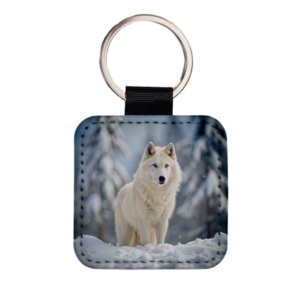 White Wolf In The Snow Faux Leather Square Keychain