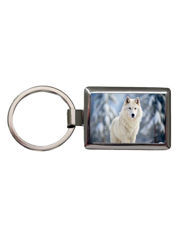 White Wolf In The Snow Metal Rectangle Keychain