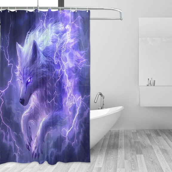 White Wolf Jumping From Lightning Shower Curtains with 12 Hooks Waterproof Bathroom Decor 66" x 72"