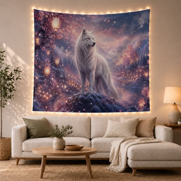 White Wolf in Mystical Night Forest, Enchanted Fantasy for Animal Lovers, Wildlife Wall Art Housewarming Gift Tapestry Wall Hanging for Bedroom, Living Room and Dorm
