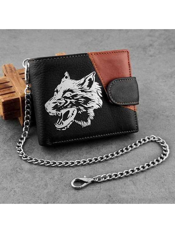 White Wolf Pattern Design Leather Wallet Mens Card Holder Wallet with Biker Long Chain