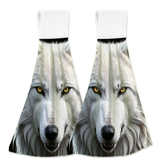 White Wolf Portrait Hanging Kitchen Hand Towels Sets with Loop Hand Towels Kitchen Tie Towel 2pcs