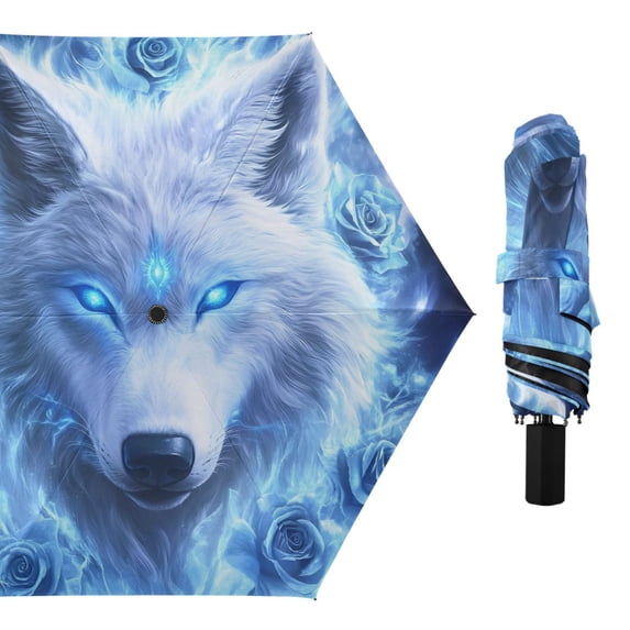 White Wolf Roses with Blue Flame All Weather Umbrella Triple Folding Parasol 6 Ribs UV Protection Portable