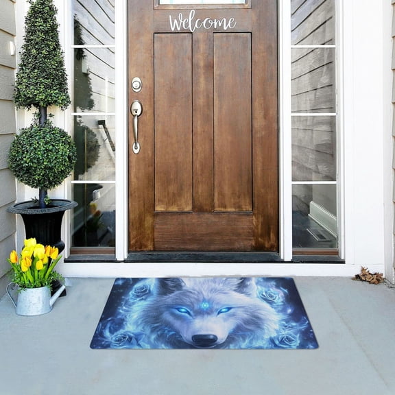 White Wolf Roses with Blue Flame Doormats Welcome Mats Gate Pads Entryway Outdoor 32" x 20"