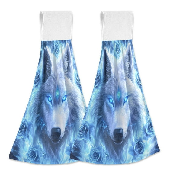 White Wolf Roses with Blue Flame Hanging Towels with Loop Hand Towels Nylon Fastener Tape Design Dish Cloths 2 Pieces
