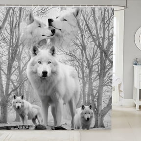 White Wolf Shower Curtain Wolves Couple Safari Animals for Stalls Bathtubs Wolf Family Exotic Wildlife Woods Nature Waterproof 72W x 72L Home Decor