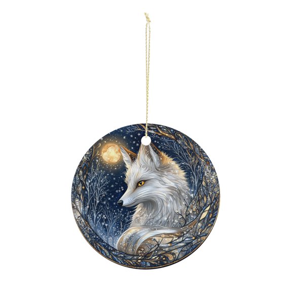 White Wolf Under Moonlight Christmas ornament, Christmas decoration, holiday present idea, heirloom keepsake, round ceramic, gift Exchange, bauble present, gift idea