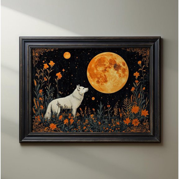 White Wolf Wildflower Wall Art Print, Celestial Gothic Decor
