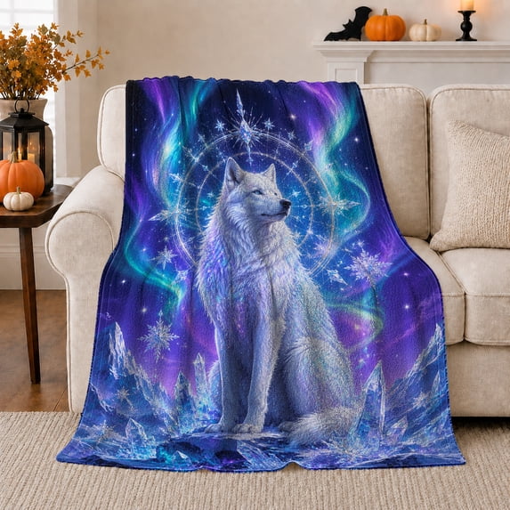 White Wolf beneath Starry Aurora, Serene Celestial Style for Wolf Lovers, Frosted Night Portrait and Christmas Gift, Cozy Flannel Blanket for Cabin and Bedroom, Home Decor