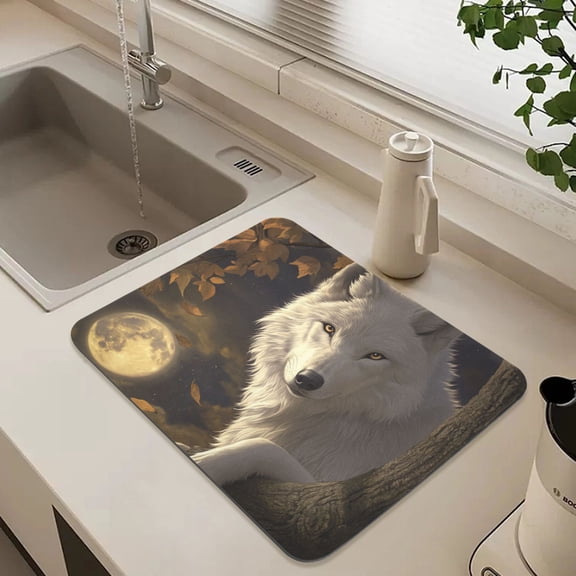 White Wolf in Autumn Dish Drying Mat for Kitchen Counter Absorbent Drainer Mats (15.7X11.8Inch)