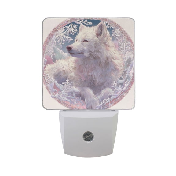 White Wolf in Snowy Day LED Night Light Sensor Lamp Plug-in Adjustable Brightness 2 Pack