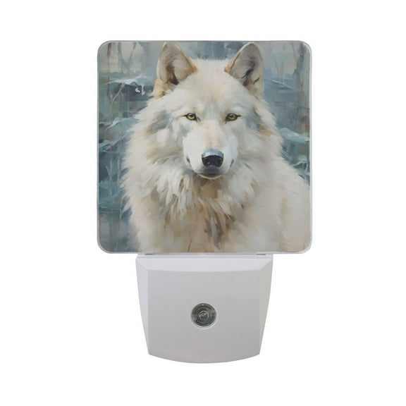 White Wolf on Forest Night Light LED Dusk to Dawn Auto Sensor Night Lamp Plug-in Nightlight for Bedroom Hallway Kitchen 2 PCs