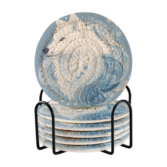 White Wolf with Blue Color Waves Drinking Coasters Cup Mat with Holder for Kitchen Cafe Bar 6 Packs