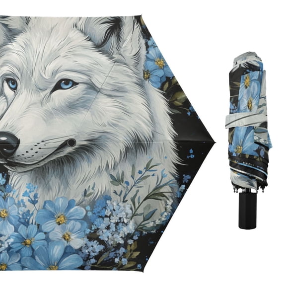White Wolf with Blue Florals All Weather Umbrella Triple Folding Parasol 6 Ribs UV Protection Portable