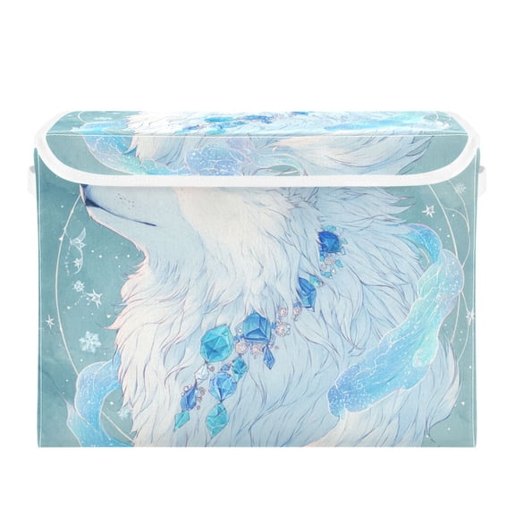 White Wolf with Blue Gems Snowflakes Foldable Storage Bins with Lids Handles Collapsible Storage Containers Tote Boxes 16.5 x 12.6 x 11.8 inches