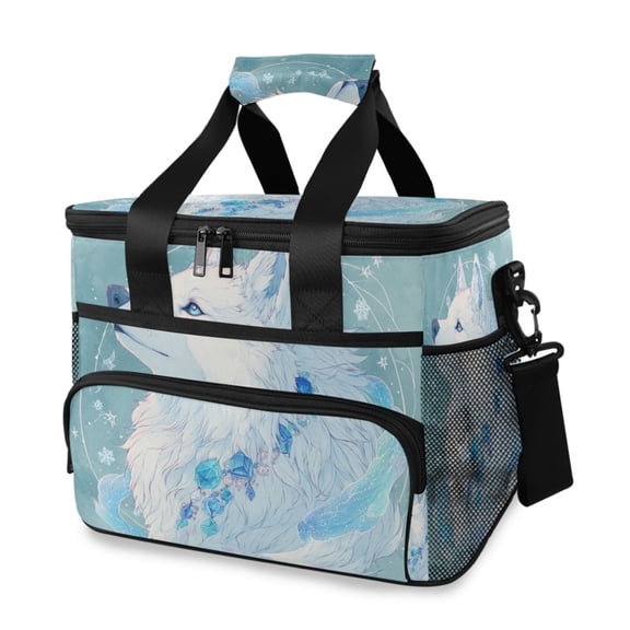 White Wolf with Blue Gems Snowflakes Portable Cooler Lunch Box Reusable Insulated Lunch Bag Leakproof 15L