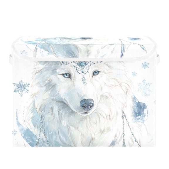 White Wolf with Blue Snowflakes Foldable Storage Bins with Lids Handles Collapsible Storage Containers Tote Boxes 16.5 x 12.6 x 11.8 inches