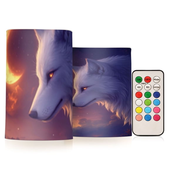 White Wolf with Crescent Moon Flickering Flameless Candles Battery Operated with Remote Timer LED Pillar Candles Set of 2
