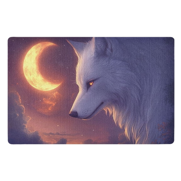 White Wolf with Crescent Moon Floor Door Mat Outdoor Indoor for Home Entrance Welcome Mats 32"x20"