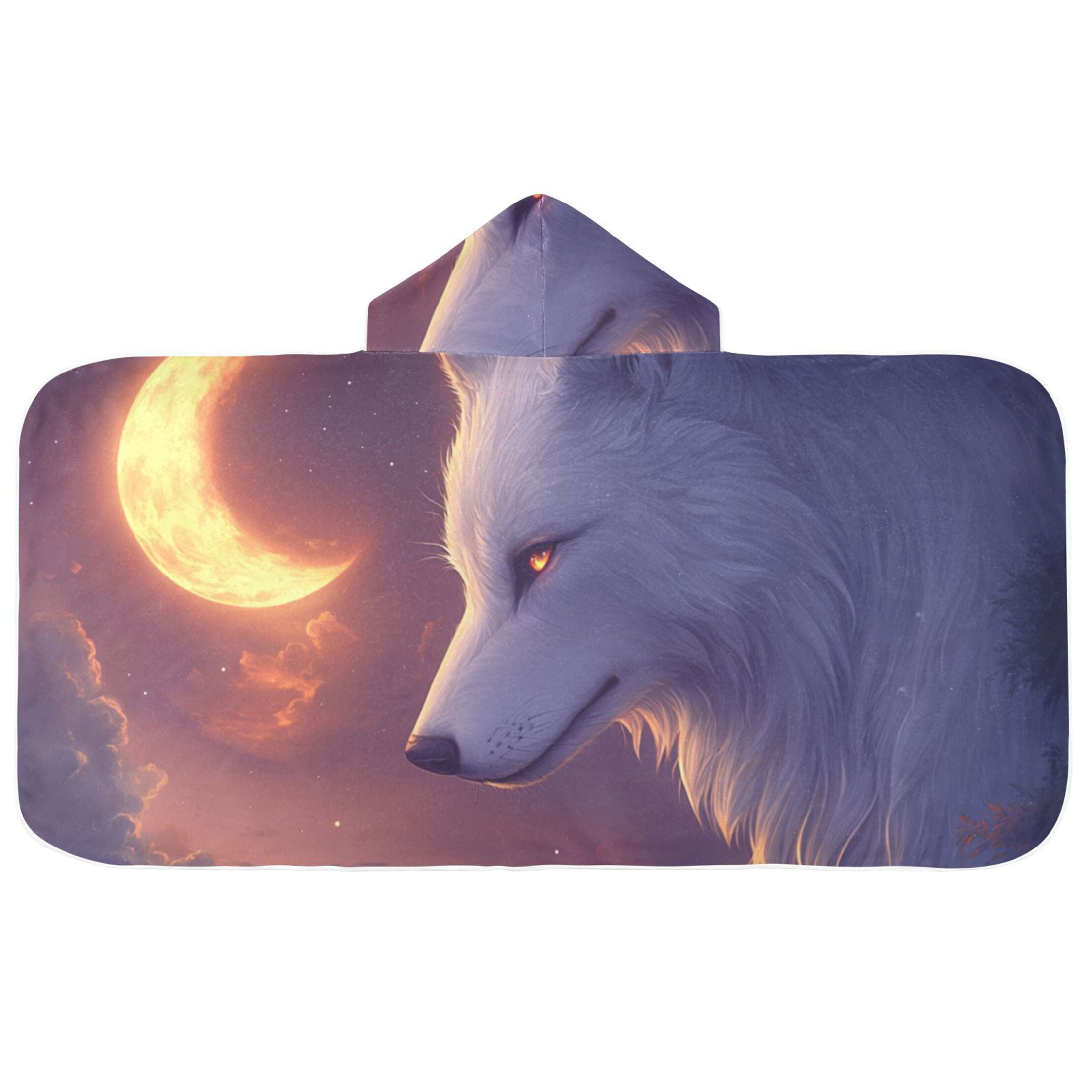 White Wolf with Crescent Moon Hooded Beach Towel Kids Bath Towels Quick ...