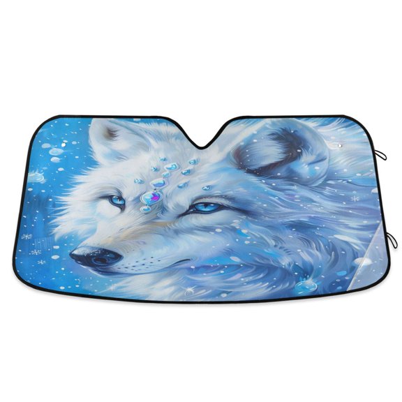 White Wolf with Gems Car Windshield Sun Shade Foldable Car Front Window Visor Heat and UV Protection 53x23.5