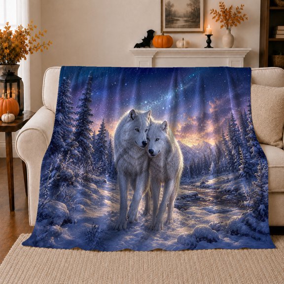 White Wolves Aurora Borealis Winter Scene, Peaceful Mountain Lake Scene, Warm Flannel Blanket for Cabin and Lodge, Outdoor Lovers Camping Gift, Fantasy Home Decor