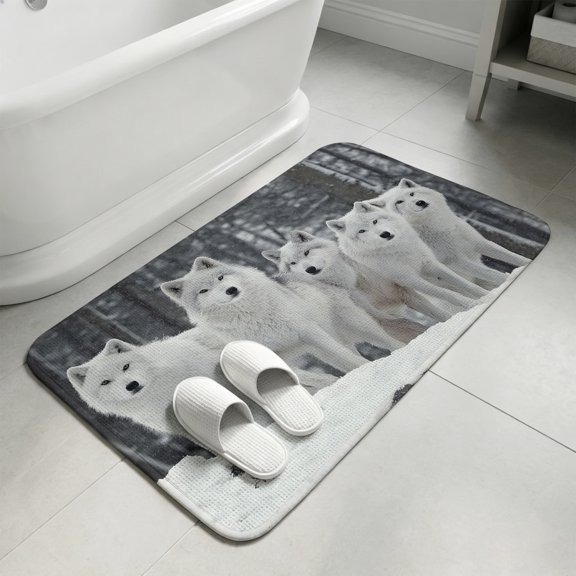 White Wolves Bathroom Rugs Non Slip Washable Bath Mat Absorbent Low Pile Front Door Mat Winter Animal Trees Snowflake Indoor Doormat for Kitchen Entryway Shower Decor Accessories 15.7"x23.6"