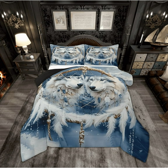 White Wolves Comforter Set Queen Size,Wild Wolf Jungle Animal Winter Snowy Bedding Set 3 Pcs for Teens Adults,Tribal Dreamcatcher Feather Blue White Down Comforter,2 Pillowcases