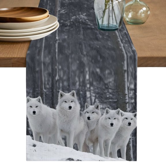 White Wolves Short Table Runner 36 Inches Long, Winter Animal Trees Snowflake Cotton Linen Table Runners Dresser Scarves, Fabric Tabletop Scarf Furniture Cover for Home Dinner Party Decor 13"x36"