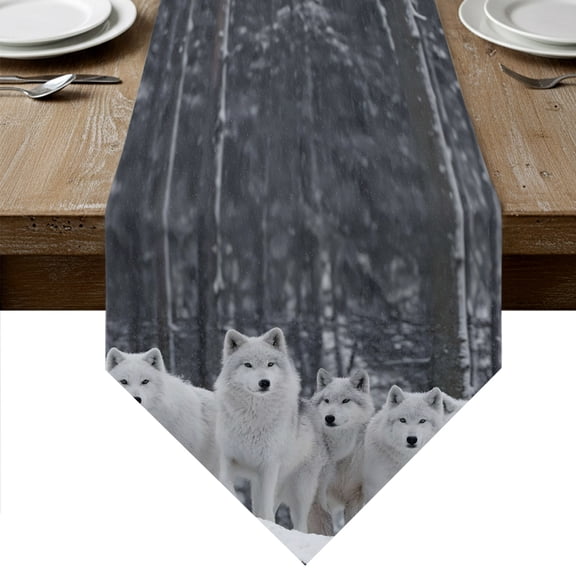 White Wolves Table Runner Linen Burlap Table Runner 36 Inches Small Winter Animal Trees Snowflake Dresser Scarves for Kitchen Island Coffee Dining Room Party Wedding Banquet Holiday Decor 13"x36"