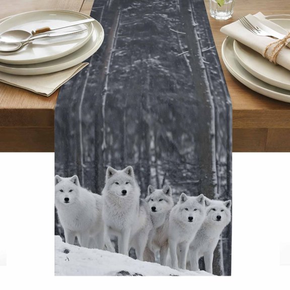 White Wolves Table Runner Winter Animal Trees Snowflake Tablerunners 13 x 36 Inch, Table Decorations Tabletop Scarf for Summer Gathering Holiday Farmhouse Kitchen Dining Decor