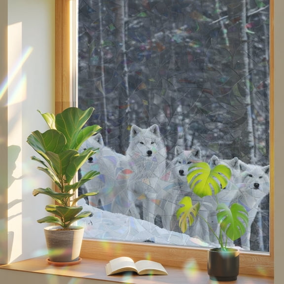 White Wolves Window Privacy Film Rainbow Static Cling Stain Glass Window Film for Glass Door, Decorative UV Blocking Sunroof Decal Sticker for Car 29.5"x118" Winter Animal Trees Snowflake