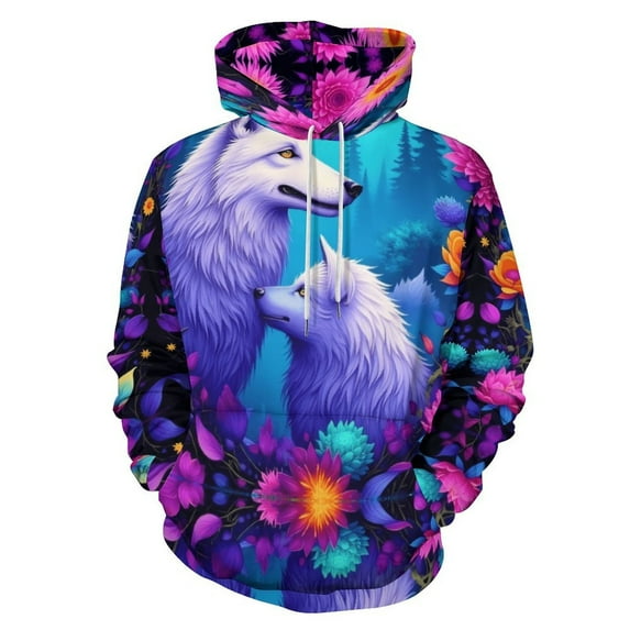 White Wolves in Floral Forest Men's Women Vintage 3D Hooded Sweatshirt - All-Season Loose Fit Streetwear