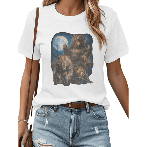 White Womans Print Tshirt Graphic Tees Shirts S-5XL Roaring Bears Night Fun Cotton Tops