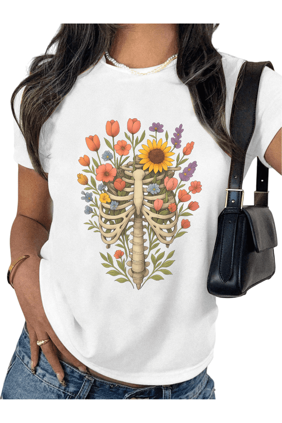 White Womans Short Sleeve Graphic Tees Print Tshirt Shirts Skeleton Floral Ribcage Loose S-5XL Tops